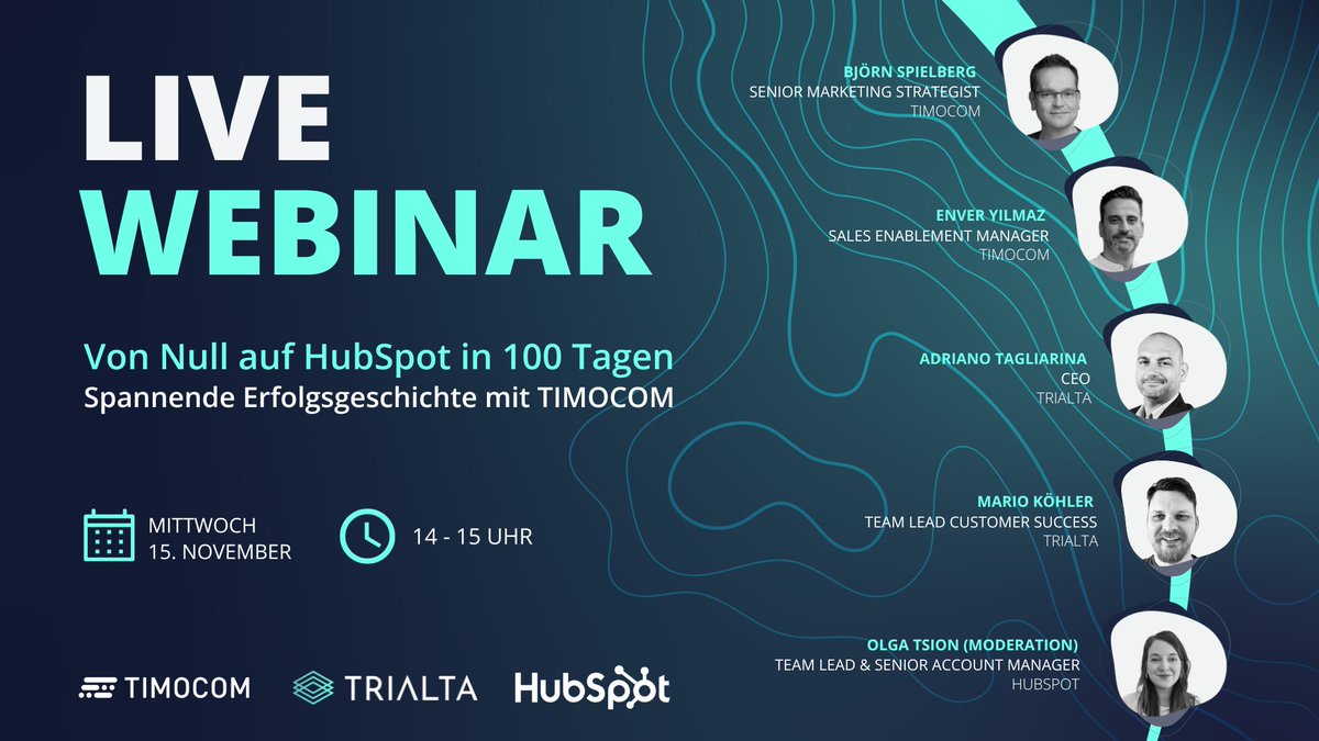 trialtagmbh's tweet photo. Live-Webinar "Von Null auf HubSpot in 100 Tagen" - Best Practices für effiziente CRM-Einführung in Marketing &amp; Sales am Kundenbeispiel der TIMOCOM 🚀

🕘 Mittwoch, 15.11.23 | 14-15 Uhr
👉 Jetzt anmelden: https://t.co/N20KIC3iWF

#HubSpot #Webinar #TIMOCOM #CRM #Marketing #Sales https://t.co/DO8T1LFTsO
