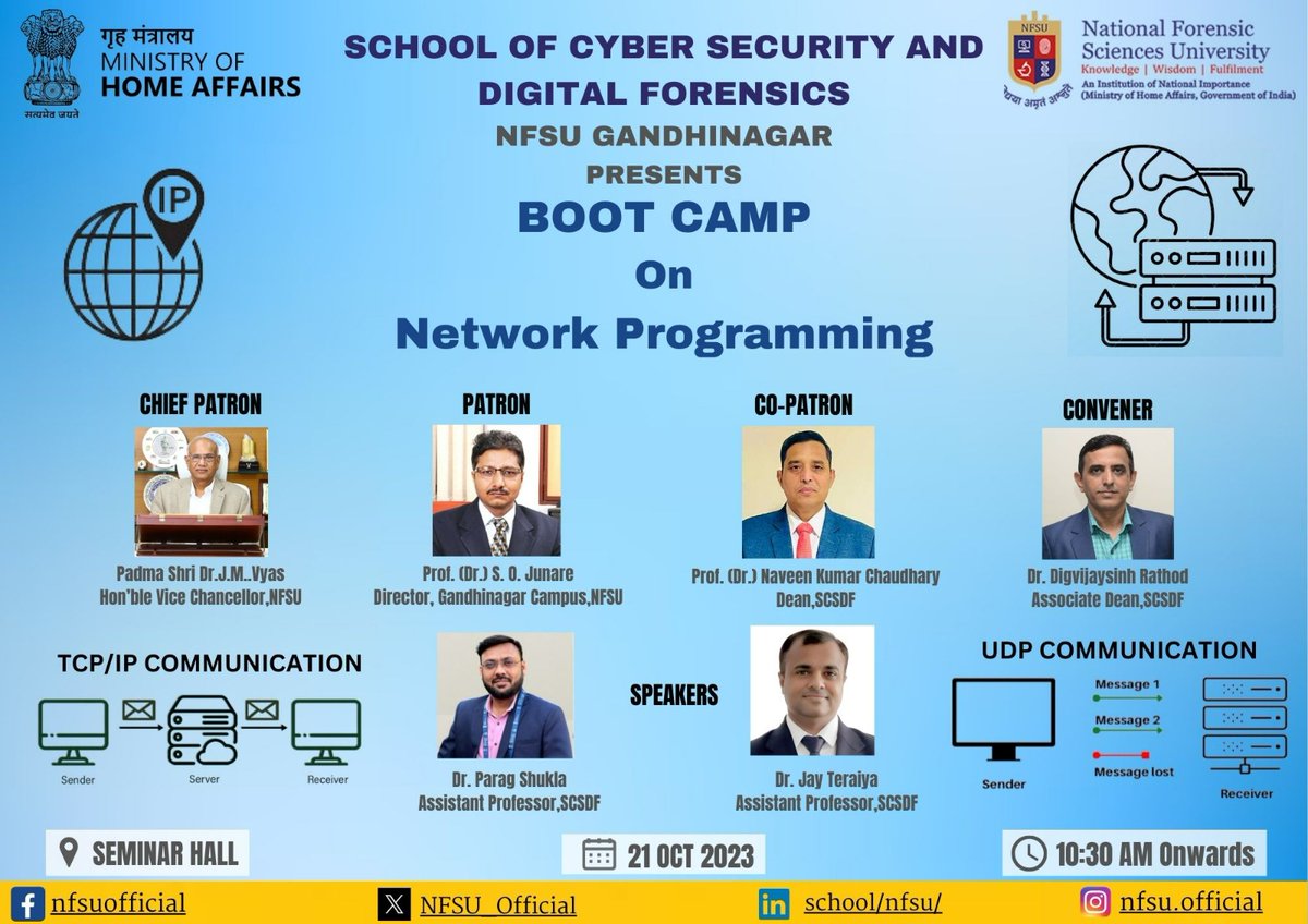 School of Cyber Security and Digital Forensics, NFSU is organizing Boot Camp on Network Programming for the students of the NFSU, Gandhinagar Campus on 21st Oct 2023.

#NFSU #CyberAwarenessMonth #CyberSafeIndia #CyberSafety #OnlineSafety #CyberSecurity #DigitalForensics @ANI