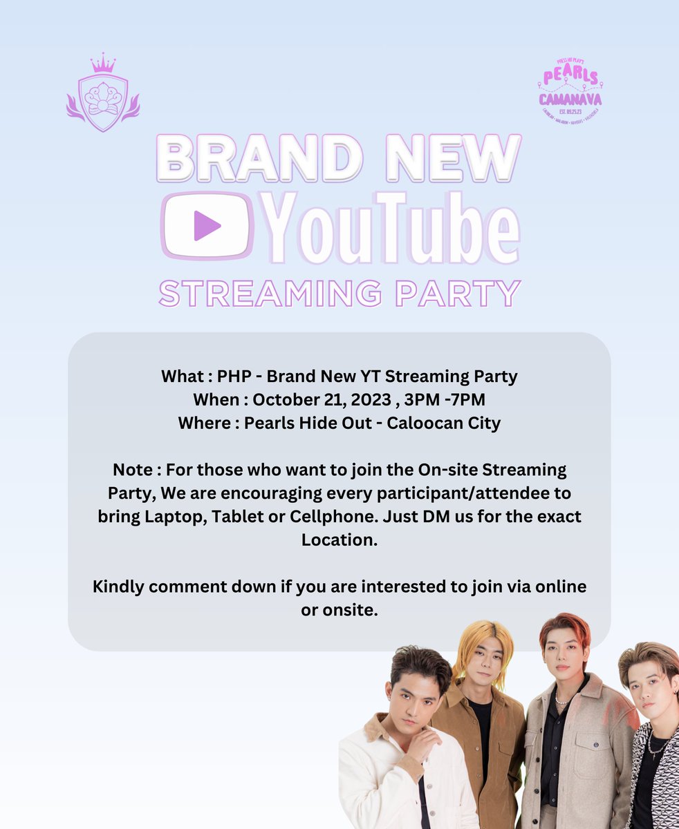PearlsCAMANAVA's tweet image. [💻 STREAMING PARTY]

Pearls Camanava, in collaboration with @PHPPearls, invites you to PHP&apos;s Brand New YouTube Streaming Party. ✨

See posters for more details! 

BRAND NEW BY PHP
#PHP_BrandNew_OutNow
#PHP_BrandNew #Press_Hit_Play @PressHitPlay