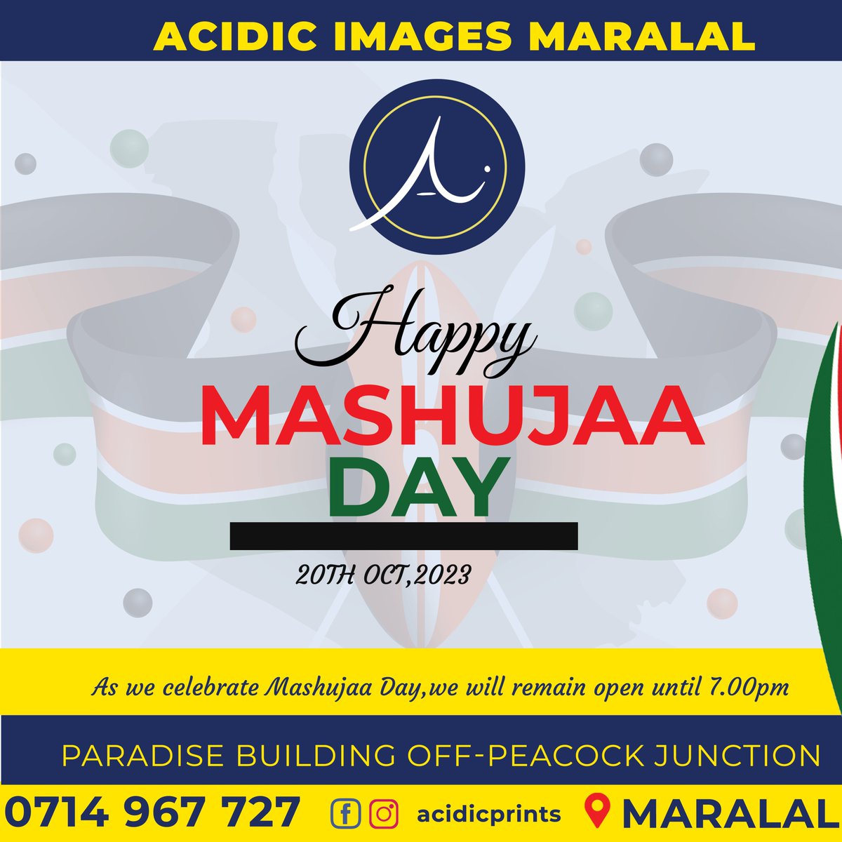 acidicimages's tweet image. Happy Mashujaa Day! 🇰🇪 We celebrate the heroes among us and the spirit of resilience. Thank you for being a part of our journey. Visit us at the Paradise Building, off Peacock Junction. Let&apos;s continue creating greatness together!  #MashujaaDay #OpenForYou #AcidicPrints