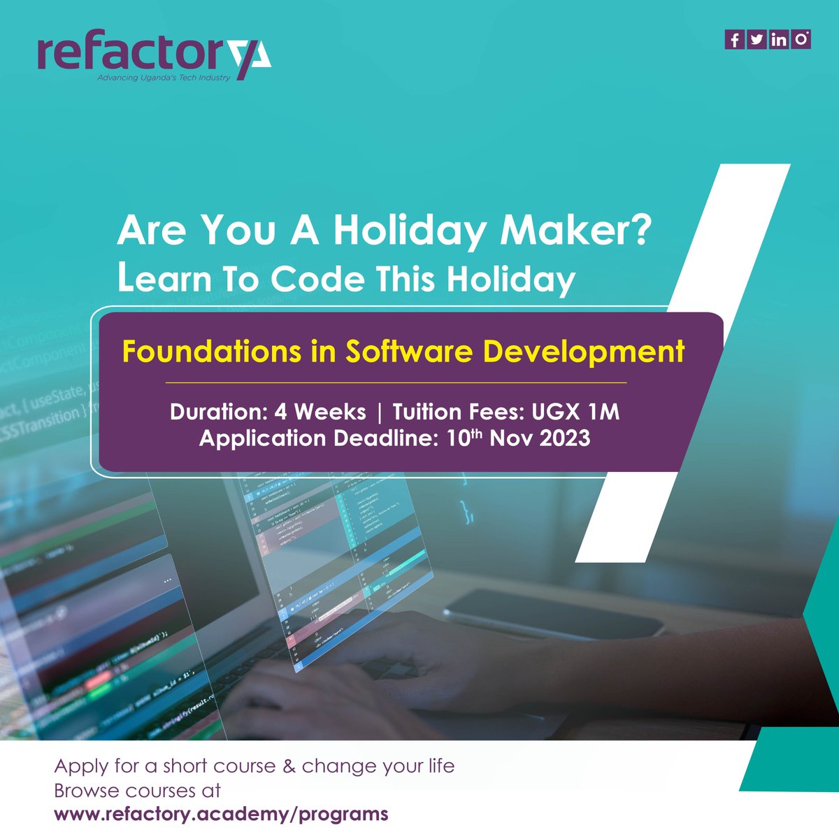 refactory_acad's tweet photo. Spend your holidays learning a valuable skill. Join our 4-Week Foundations in Software Development Course and build a strong programming foundation. Learn essential concepts, coding languages, and best practices.  

Apply today at https://t.co/qGQiO99JeW. https://t.co/L8AHpHaw61