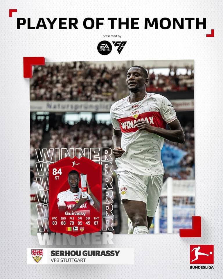 Guirassy_19's tweet photo. Happy to be #POTM in @Bundesliga_DE 🏆 Individual trophy rewarded by collective work 💪🏿 Thank you everyone #Alhamdulillah https://t.co/E3Ff6zVEYs