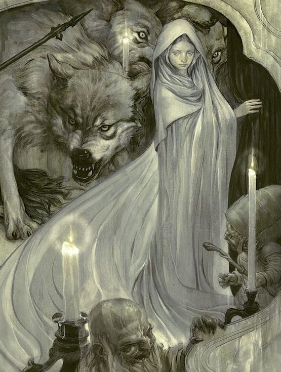 "In East Friesland, it is believed, when seven girls succeed each other in one family, that among them one is of necessity a were-wolf, so that youths are slow in seeking one of seven sisters in marriage." 
(Baring-Gould)

🎨 James Jean

#faustianfriday #31daysofHalloween
