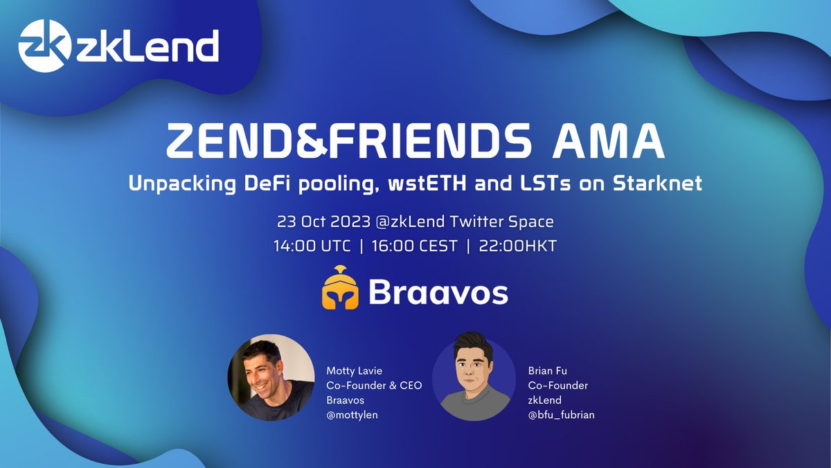 🌟Zenders, the announcements keep coming.

We continue celebrating #zkLendMainet launch with a new #AMA w/<a href="/myBraavos/">Braavos - Your Bitcoin & Starknet Wallet</a>. 

☄️Join respective project Co-founders @bfu_fubrian and <a href="/mottylen/">Motty Lavie</a> as they unpack #DeFi pooling, wstETH and LSTs on <a href="/Starknet/">Starknet (BTCFi arc) 🥷</a>!

Reminder👇
x.com/i/spaces/1mrGm…
