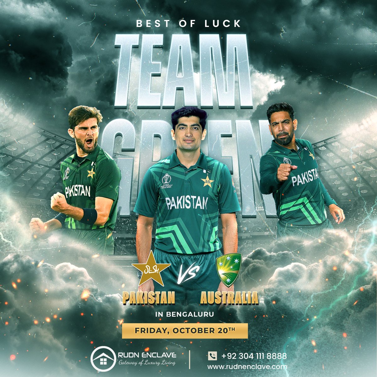 rudnofficial's tweet photo. The stage is set, the players are ready, and our hearts are with Team Pakistan. Let's win this one against Australia! 🏆

#RUDNEnclave #TeamPakistan #PakvsAus #MatchDay #shaheenafridi #HarisRauf #GoodLuckPakistan #PakistanZindabad #BestWishes #NaseemShah #brandambassador https://t.co/e4SJwroVV5
