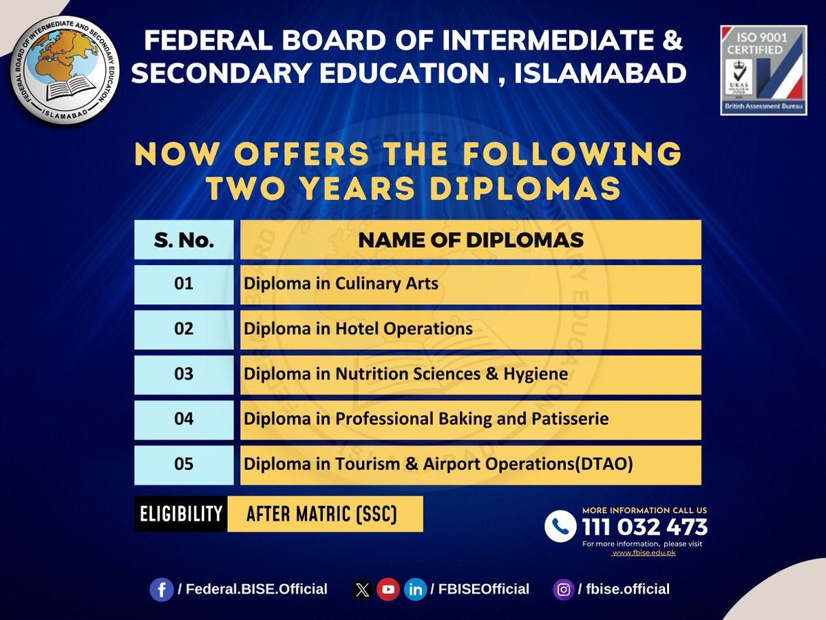 FBISE Now Offers the Following Two Years Diplomas..

#fbise #federalboard #technicaleducation #fbiseTechnical #matrictech #DAE #affiliate
