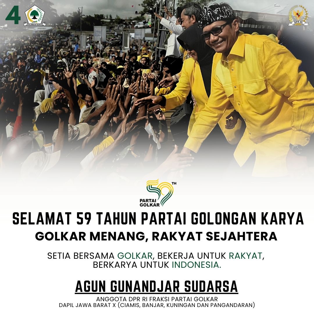 Selamat dan Sukses serta Berkah Allah SWT Tuhan Yang Maha Kuasa di usia 59 Tahun Partai Golongan Karya, senantiasa Hadir dan Bekerja untuk Rakyat

Tiada Hari Tanpa Aktivitas
Bekerja Untuk Rakyat
Dirgahayu Partai Golkar Ke-59
20 Oktober 2023