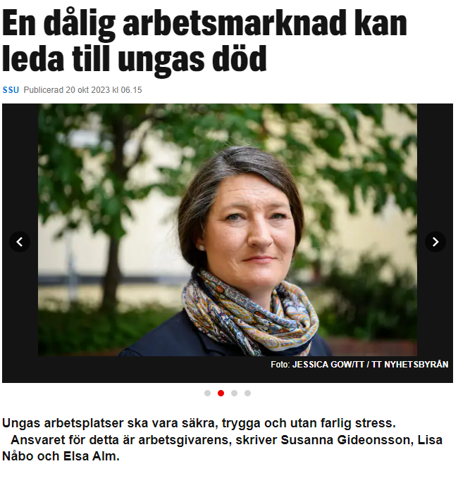 När arbetsgivare inte tar ansvar för arbetsmiljön är unga arbetande de första offren. 
- Stoppa sms-anställningar och las-shopping. 
- Särskilt fokus på ungas arbetsmiljö. 
- Tassarna borta från skyddsombuden. 
Skriver om ungas arbetsmarknad med SSU idag.
expressen.se/debatt/en-dali…