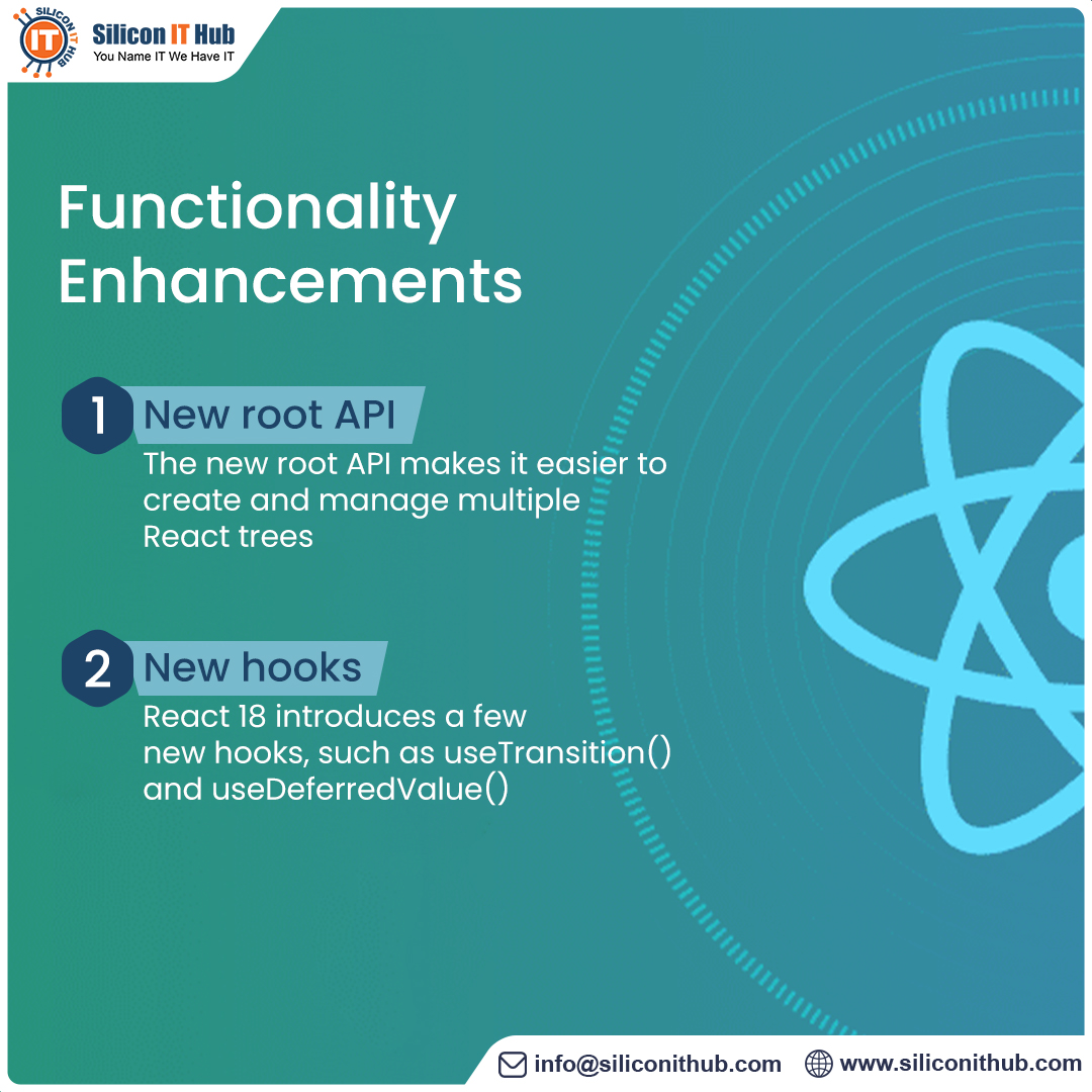SiliconITHub's tweet image. React 18 is here with all new features and performance improvements! Here we mention the key features. Want to know more? Contact us for the best-in-class #reactjsdevelopment services!

#reactjs #dedicateddevelopers #itcompany #reactjs #improvement #reactjsdevelopment