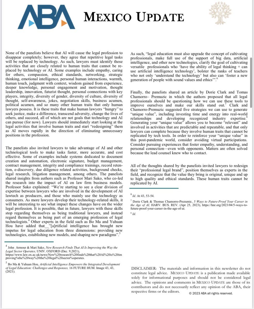 Pleased to share my article “What Skills and Competences Will Legal Education Deliver to the Legal Market In the era of AI?” Published by <a href="/ABAInternatl/">ABA International</a>  in the Mexico Update Publication issued by the Section of International Law, Mexico Committee.