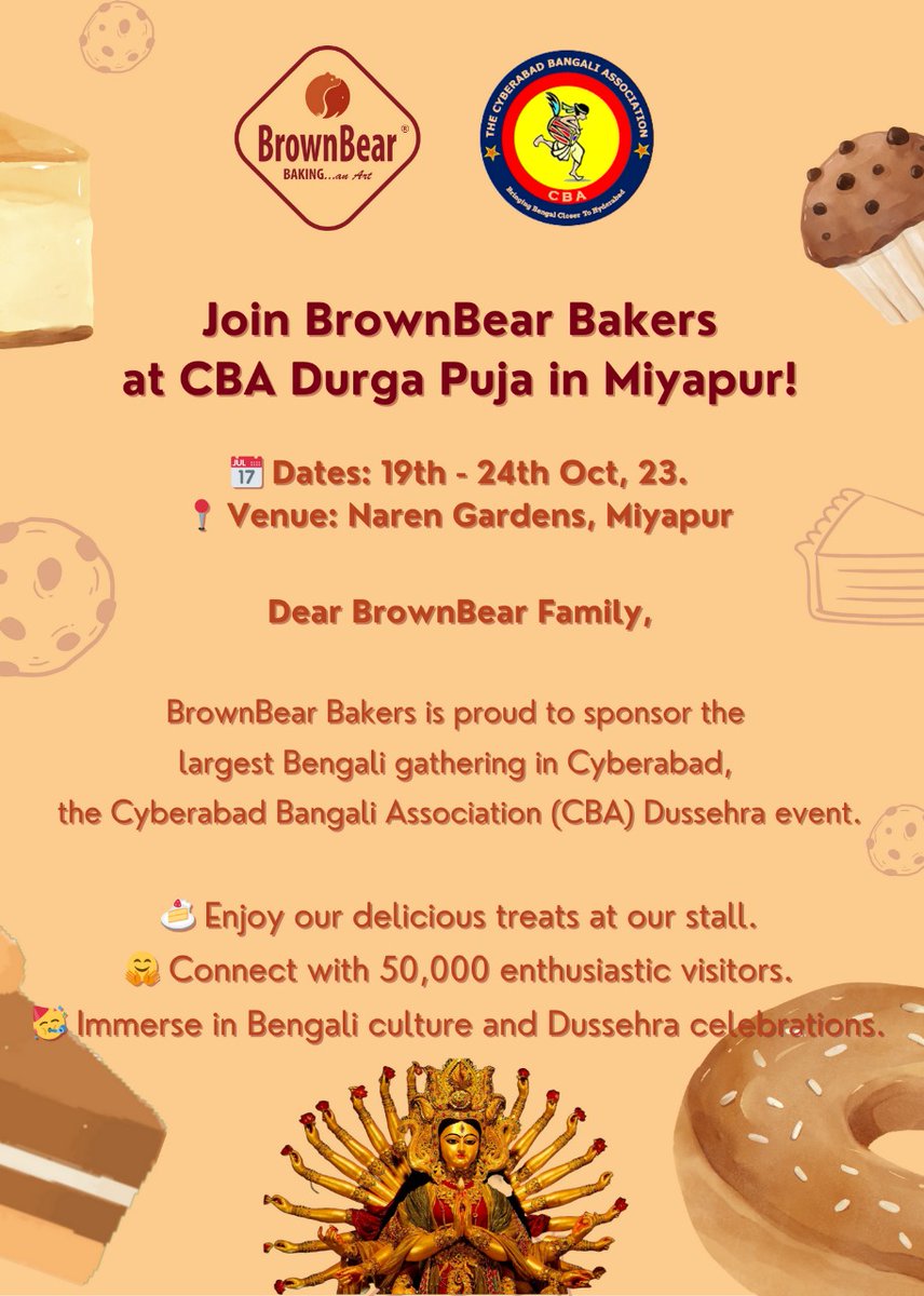 Cba_Hyd's tweet photo. Thank you, Brown Bear Bakers, for being our partner during 16th year celebrations of Durga Puja from Oct 19th- 24th at Narenn Nakshatra Convention Miyapur.

#cbadurgapuja
#hyderabaddurgapuja
#DurgaPuja2023 https://t.co/ccsVjbZNXk