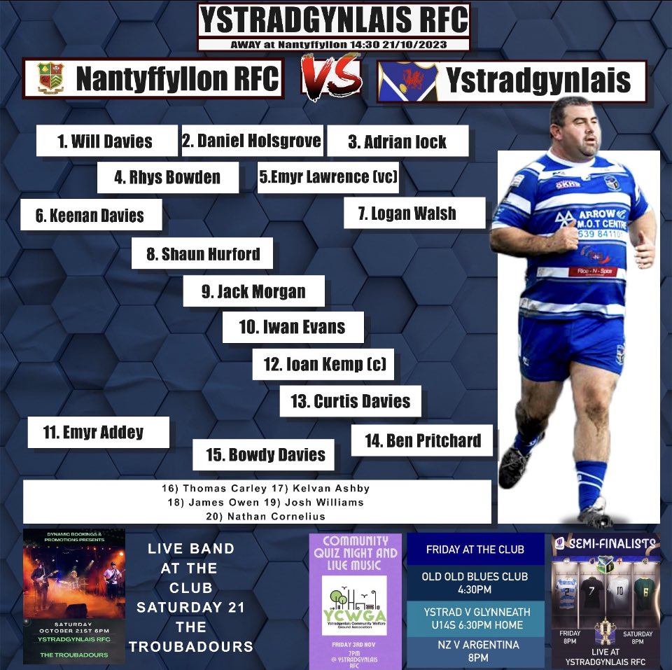 ystradbluesrfc's tweet image. 🔵⚪️🔵⚪️🔵⚪️🔵⚪️🔵⚪️🔵⚪️🔵

The Blues squad has been selected for the trip to to upper Llynfi valley where we face Nantyffyllon Rfc in our Division 1 west central clash. 

The game will kick off at 2.30pm.
