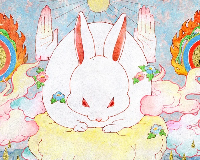 現在展示中の作品。(部分)うさぎの耳と手がリンクしている。丸餅うさぎ。 
