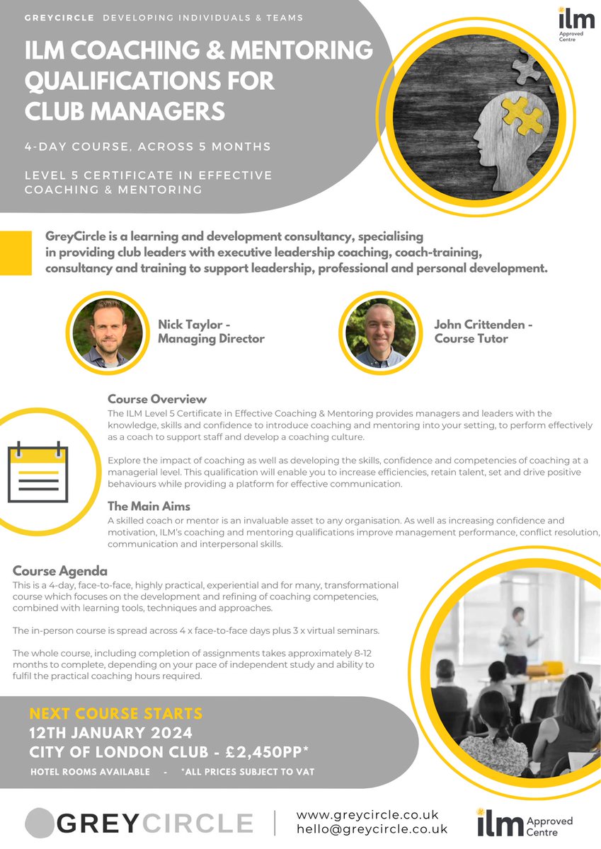 4-day coaching and mentoring course for club managers, in partnership with <a href="/CMAEurope/">Club Management</a>.

Starting in January 2024 at <a href="/COLCEvents/">City of London Club</a>, you’ll learn how to introduce a coaching culture into your setting.

<a href="/CMAEurope/">Club Management</a> 
<a href="/Torbanator/">Torbjorn Johansson</a> 
<a href="/ConsultCraig/">Craig Cotterill</a>
#clubmanagement
#golf
#club
#golfclub