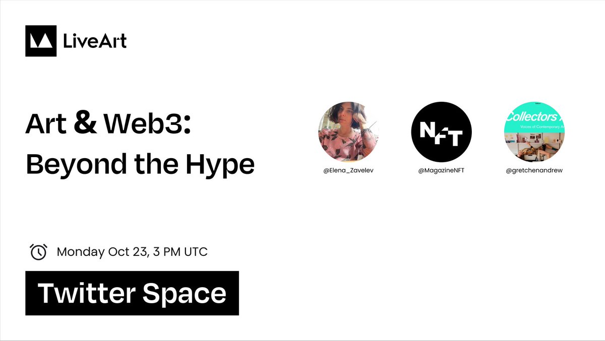 LiveArt (@liveartx) on Twitter photo Join our Twitter Space next Monday at 3 PM UTC for a deep dive into "Art & Web3: Beyond the Hype" with
<a href="/MagazineNFT/">NFT Magazine</a> <a href="/Elena_Zavelev/">Elena Zavelev</a> and <a href="/gretchenandrew/">Gretchen Andrew</a>
Set your reminder⤵️
x.com/i/spaces/1yoKM… Join our Twitter Space next Monday at 3 PM UTC for a deep dive into "Art & Web3: Beyond the Hype" with
<a href="/MagazineNFT/">NFT Magazine</a> <a href="/Elena_Zavelev/">Elena Zavelev</a> and <a href="/gretchenandrew/">Gretchen Andrew</a>
Set your reminder⤵️
x.com/i/spaces/1yoKM…