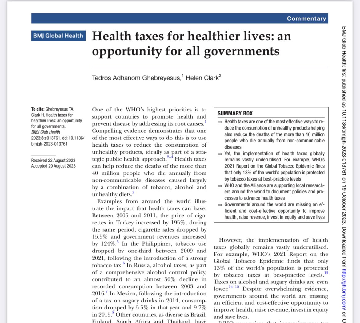 In <a href="/AllianceHPSR/">Alliance for HPSR</a> <a href="/GlobalHealthBMJ/">BMJ Global Health</a> #HealthTaxes special issue, <a href="/DrTedros/">Tedros Adhanom Ghebreyesus</a> &amp; <a href="/HelenClarkNZ/">Helen Clark</a> call for much faster progress on using #HealthTaxes to save lives, and reflect on how country level research can be a lever to support action. 

gh.bmj.com/content/8/Supp…