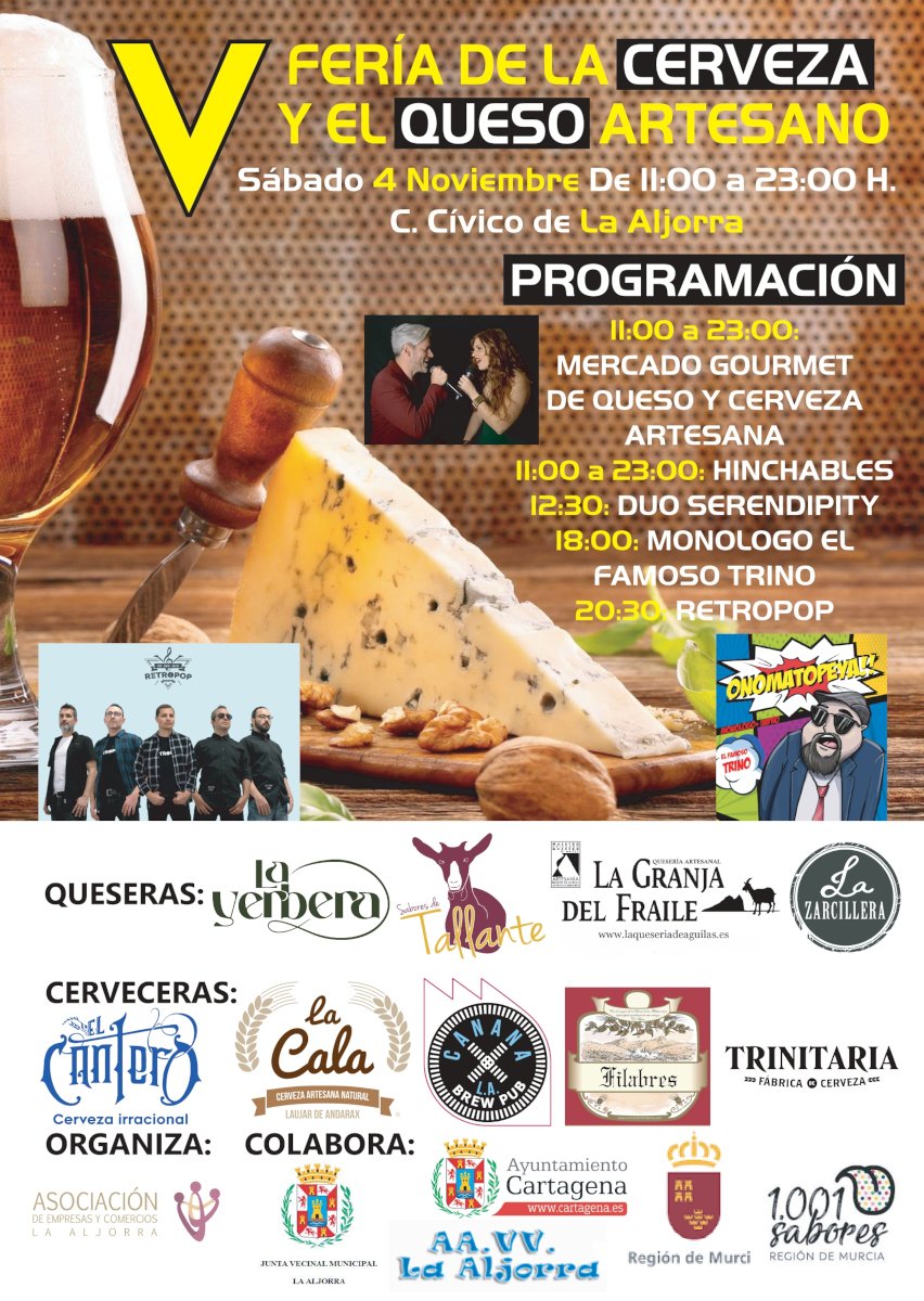 AytoCartagenaES's tweet photo. 🍻🧀¡Ya llega la Feria de Cerveza y Queso a #LaAljorra!

🎙️Disfruta de queseras y cerveceras de la Región, hinchables, conciertos y un monólogo de @elfamosotrino.

📆Sábado, 4 de noviembre.
📍Centro Cívico de La Aljorra.
⏰11:00 -23:00 h.

✅Toda la info: https://t.co/8nS1lbmMjN https://t.co/UeHeIRjAzj
