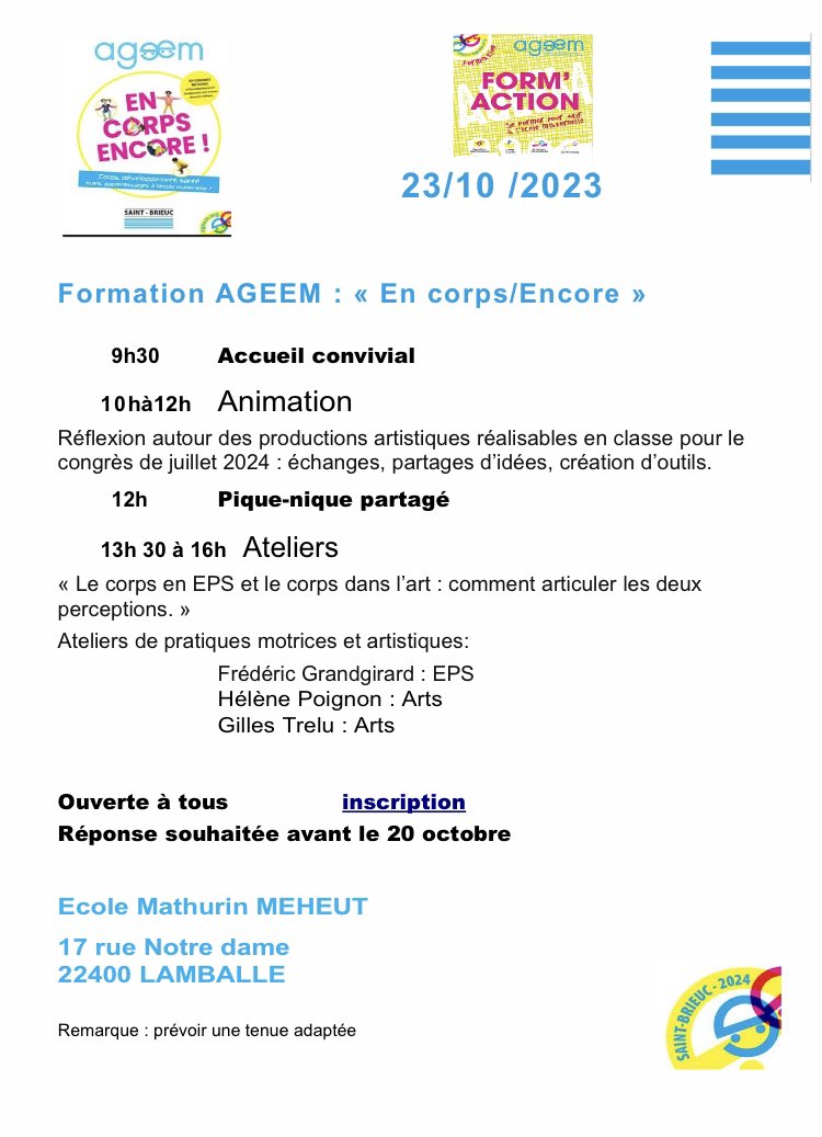ageem35's tweet photo. En route pour le congrès 2024 ! Rdv lundi pour imaginer la sceno-deco de Saint-Brieuc ! Échanges et réflexion autour de la question : « Le corps en eps et le corps dans l’art : comment articuler les deux perceptions ? » @AGEEM_National @polluxlutin @danion_claire @Lescoumi https://t.co/DwCqvU83Ar
