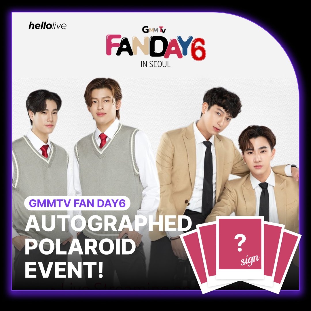 hellolivetv's tweet photo. #hellolive_event
2023 GMMTV FANDAY6 in Seoul

💝토요일의 행운! DAY TICKET 인증하시고 
최애 커플의 싸인 폴라로이드를 겟하세요!

❤️ 커플별 싸인 폴라로이드 5장 
❤️ 인용 RT 
❤️ 티켓 https://t.co/drJKgcVIXY

#PondPhuwin #PerthChimon #GMMTVfanday6inSEOUL #GMMTVFANDAY6 https://t.co/LKXPCedHcb
