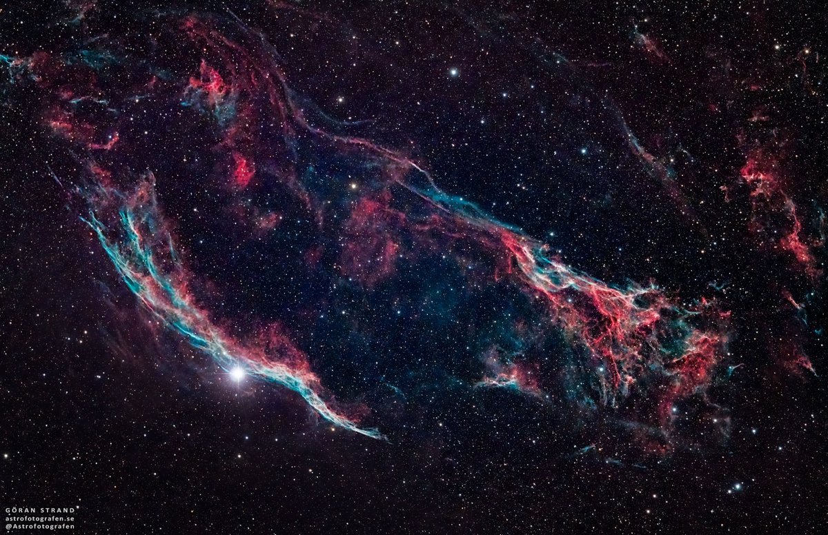 Veil Nebula My latest deep sky photo of the Veil Nebula (NGC 6960). Around 4h of exposure time. Sky-Watcher Esprit 100 ED ZWO ASI2600MC Pro ZWO AM5 Harmonic Mount Optolong L-Pro 2' filter @zwoasi @SkyWatcherUSA #Astrophotography #space