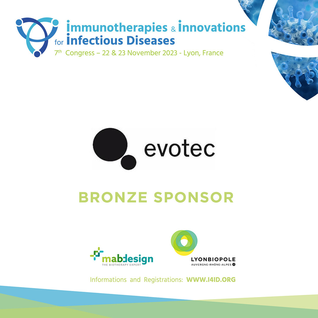 [#I4ID2023] 📢 Meet &amp; Connect with our Bronze sponsor <a href="/Evotec/">Evotec</a> at the 7th edition of the #Immunotherapies &amp; Innovations for #InfectiousDiseases Congress, co-organized by <a href="/Lyonbiopole/">Lyonbiopôle Auvergne-Rhône-Alpes</a> &amp; <a href="/MabDesign_fr/">MabDesign</a>. Thank you for your support! 

🗓 Nov. 22-23
📍 Lyon
➡ swll.to/Qb3sC