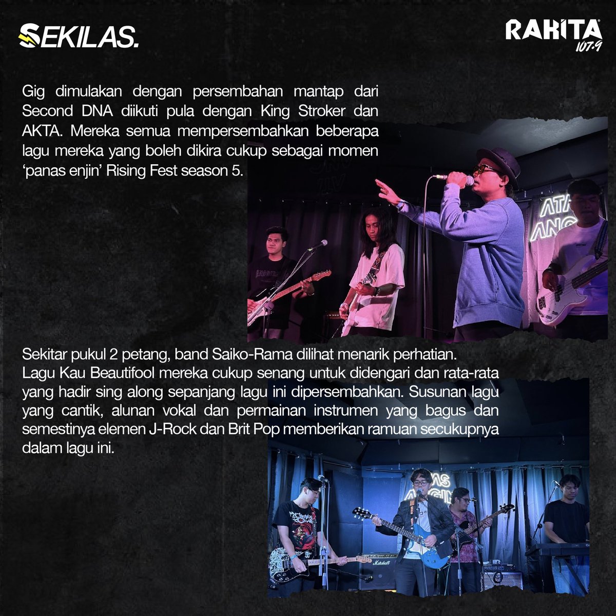 Rakitamy's tweet photo. “Sokongan yang paling mudah dan murah yang boleh anda lakukan adalah menyebarkan berita. Beritahu rakan tentang band yang anda suka, kongsi senarai main dengan komuniti anda serta paparkan muzik yang anda sedang dengari di media sosial seperti Instagram Reels, Story atau X…”

#RisingFestSeason5 oleh @_atasangin telah berlangsung Sabtu lepas. Hayati momen-momen di gig tersebut melalui mata penulis bebas kami 💯

#SekilasRakita