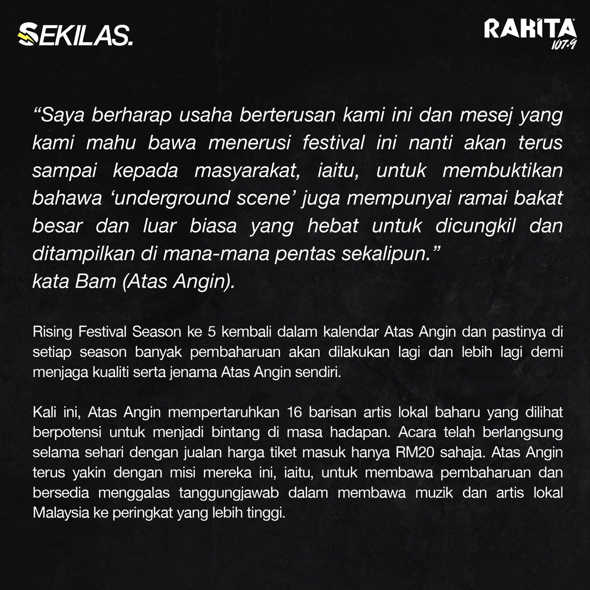 Rakitamy's tweet photo. “Sokongan yang paling mudah dan murah yang boleh anda lakukan adalah menyebarkan berita. Beritahu rakan tentang band yang anda suka, kongsi senarai main dengan komuniti anda serta paparkan muzik yang anda sedang dengari di media sosial seperti Instagram Reels, Story atau X…”

#RisingFestSeason5 oleh @_atasangin telah berlangsung Sabtu lepas. Hayati momen-momen di gig tersebut melalui mata penulis bebas kami 💯

#SekilasRakita