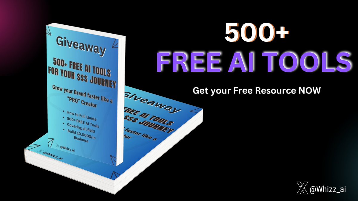 Hamza Khalid (@whizz_ai) on Twitter photo Want to Grow and make money with AI Tools?
I built a Guide on FREE Tools
You will get:
• 500+ FREE Ai Tools
• "How to" Guide
• Save 1000+ hrs on Research
For 24 hrs, it's 100% FREE
To get:
• Follow me <a href="/Whizz_ai/">Hamza Khalid</a>
• Like & Retweet
• Reply "AI"
Note: Must Follow for DM Want to Grow and make money with AI Tools?
I built a Guide on FREE Tools
You will get:
• 500+ FREE Ai Tools
• "How to" Guide
• Save 1000+ hrs on Research
For 24 hrs, it's 100% FREE
To get:
• Follow me <a href="/Whizz_ai/">Hamza Khalid</a>
• Like & Retweet
• Reply "AI"
Note: Must Follow for DM