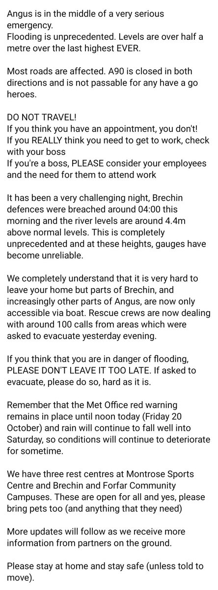 Latest update from @AngusCouncil who we remain in regular contact with to provide assistance where we can. I cannot stress how dangerous condition are in Brechin in particular. Listen to the advice below, it is for your own safety. Situation will worsen as rainfall continues.