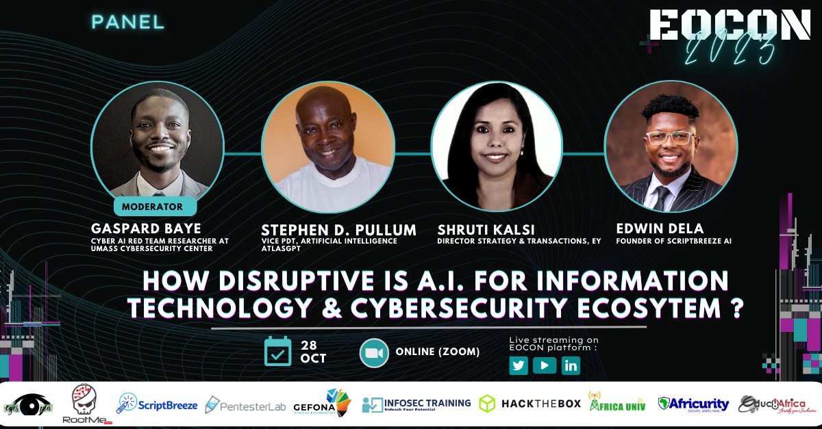 #EOCON2023   #BeCyberSmart
Connect to the third Panel on October 28 at 11:00 am. 

Theme: How disruptive is AI for IT and cybersecurity ecosytem ?

With:  Stephen Pullum, Shruti Kalsi and Edwin Dela
Under the moderation of Gaspard Baye💡

📅 calendar: addevent.com/calendar/Sw494…
#ctf