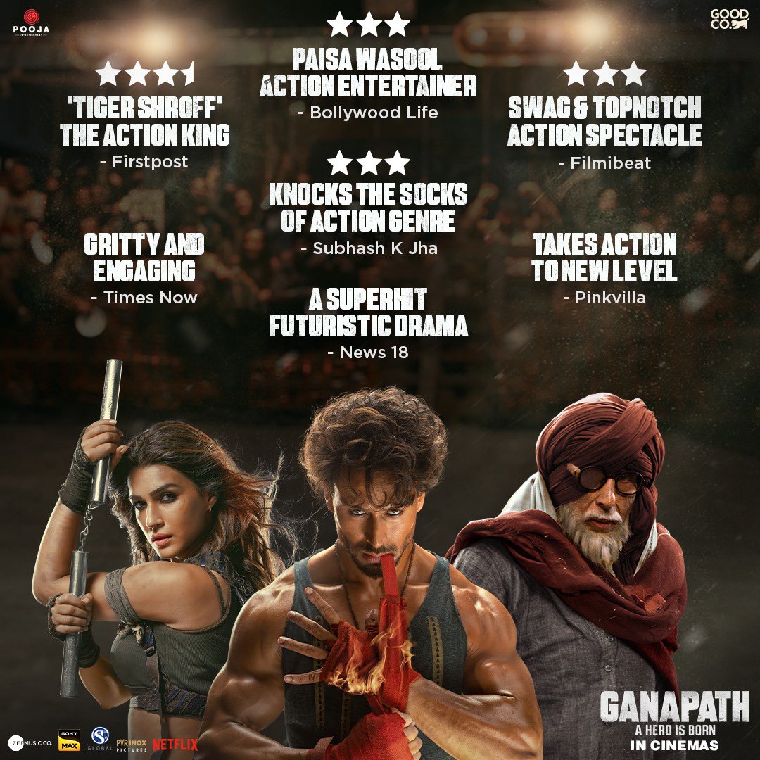 jackkybhagnani's tweet photo. Koi pooche toh batana #Ganapath is your perfect Masala Entertainer!

Book your tickets now!

Link - https://t.co/j13U0bb2KM

@SrBachchan @vashubhagnani @iTIGERSHROFF @kritisanon #VikasBahl @honeybhagnani @poojafilms #VirajSawant #GoodCo @slglobal001 @ZeeMusicCompany  @ElliAvrRam #ZiadBakri  #GirishKulkarni @actorrahman @shruthymenon #Jameel @PicturesPVR