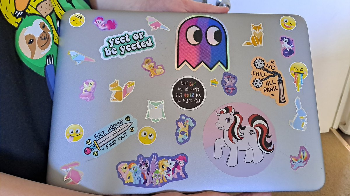 My teen's laptop top is a dazzling array of fab stickers. Some are just from the Warehouse, but the best are from @pepperraccoon and @maori_mermaid 🤩