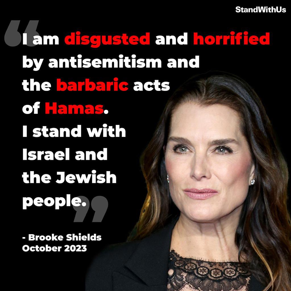 StandWithUs's tweet photo. American actress Brooke Shields has something to say about #Hamas’ terror war against #Israel and the Jewish people: 

#StandWithIsrael
#IsraelUnderAttack
#HaMassacre
#HamasIsISIS https://t.co/b9LhZyqx5y
