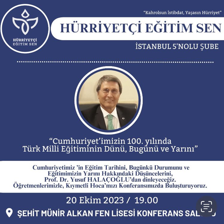 Hürriyetçi Eğitim Sen İstanbul 5 Nolu Şube’nin davetlisi olarak, “Cumhuriyetimizin 100. Yılında Türk Millî Eğitiminin dünü, bugünü ve yarını” konusunda Büyükçekmeçe’de bir konferans vereceğim. Böylesine önemli bir konuyu ilgilenenlere duyurmak istedim.