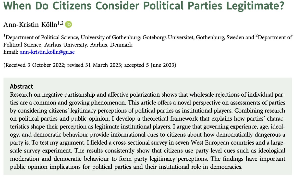 Another excellent contribution to our knowledge about political party-citizen relationships from @AnnKristinKolln in @BJPolS: cup.org/45t4HHl