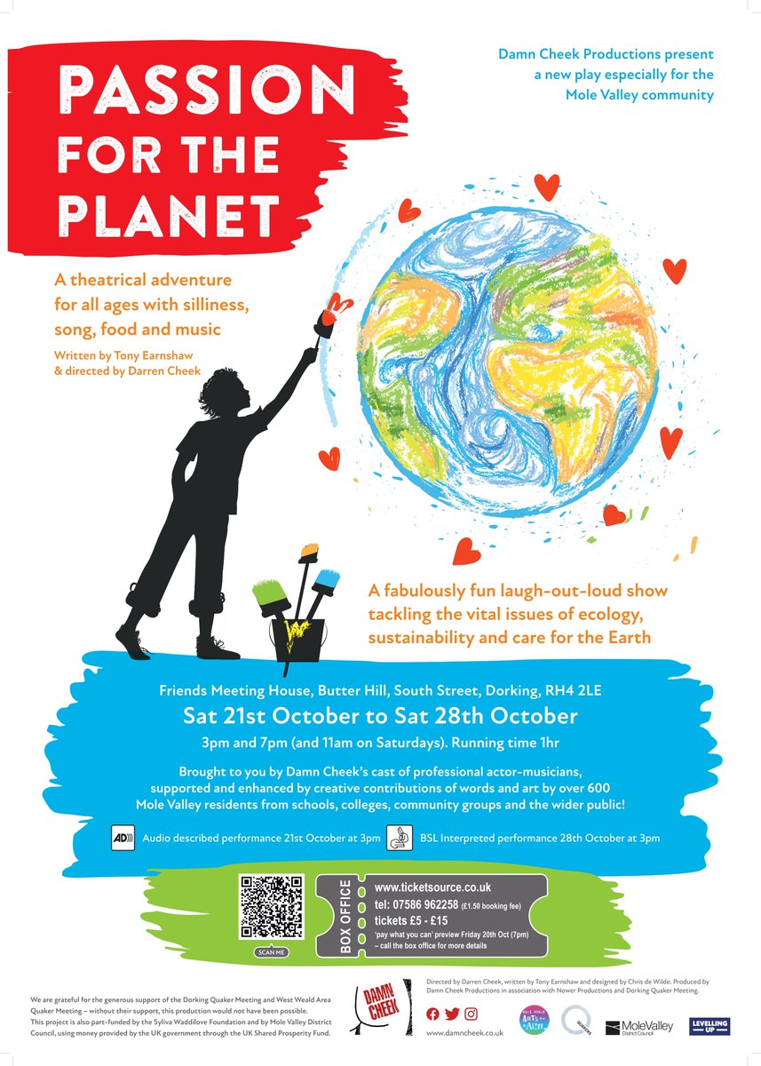 PASSION FOR THE PLANET
WHERE: #Dorking Quaker Meeting House
WHEN: 21-28 October
TICKETS: £5-£15, from ticketsource.co.uk
Or telephone 07586 962 258 (£1.50 booking fee) @DamnCheek @SimonEdmands @Visitdorking @TTDorking @DorkingCrier 
@HelloDorking @DorkingClimate @ArtsAliveMV