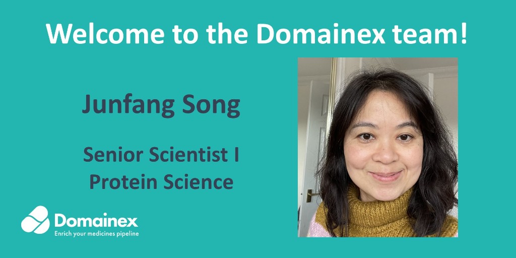 Domainex_UK's tweet photo. #Domainex is delighted to welcome Junfang Song to our Protein Sciences department. Junfang joins us from the MRC-PPU at the University of Dundee. She has a specialist skillset, including #protein production, #cryo-EM and #assay biology.
#DrugDiscovery #ScientificCareers https://t.co/JD4HfjczGl