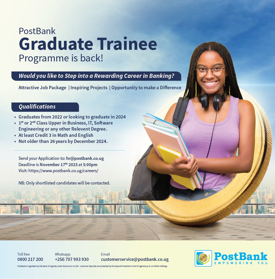Kick-start your finance and banking career with the PostBank Graduate Trainee Program! Join industry experts, gain valuable experience, and pave the way for a successful future in banking. Don't miss out on this golden opportunity! 

📅 Application Deadline: November 17, 2023, at