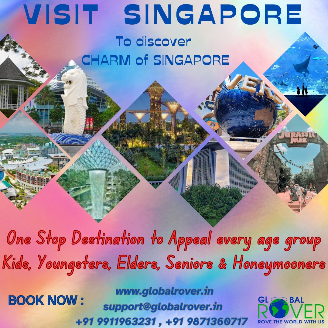 CONTACT FOR SINGAPORE BOOKING / DETAILS: 
E-mail: support@globalrover.in 
Call: 9871360717 / 9911963231 
#globalrovertours #VisitSingapore #singaporeexplore #singapore #travelsingapore #travel #Holidays #honeymooners #holidaytours #SeniorTravel #kidstravel #sentosa #SentosaIsland