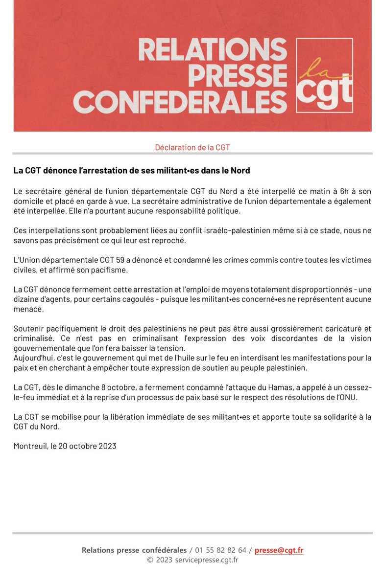 lacgtcommunique's tweet image. 🔴 La CGT dénonce l’arrestation de ses militant•es dans le Nord.

Le secrétaire général et la secrétaire administrative de l’union départementale CGT du Nord ont été interpellé•es ce matin et placé•es en garde à vue.

tinyurl.com/564pbn86