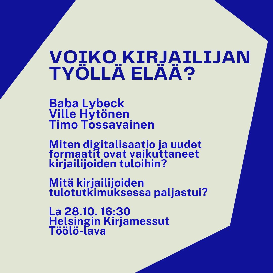 Kirjailijoiden tulot keskustelussa <a href="/KirjamessutHKI/">HelsinginKirjamessut</a> yhdessä <a href="/Tietokirjailija/">Tietokirjailijat</a> kanssa. Juontajana Baba Lybeck. Tule kuulolle la 28.10. klo 16:30! #AmmattinaKirjailija 

Koko messuohjelmamme: kirjailijaliitto.fi/uutiset/kirjai…