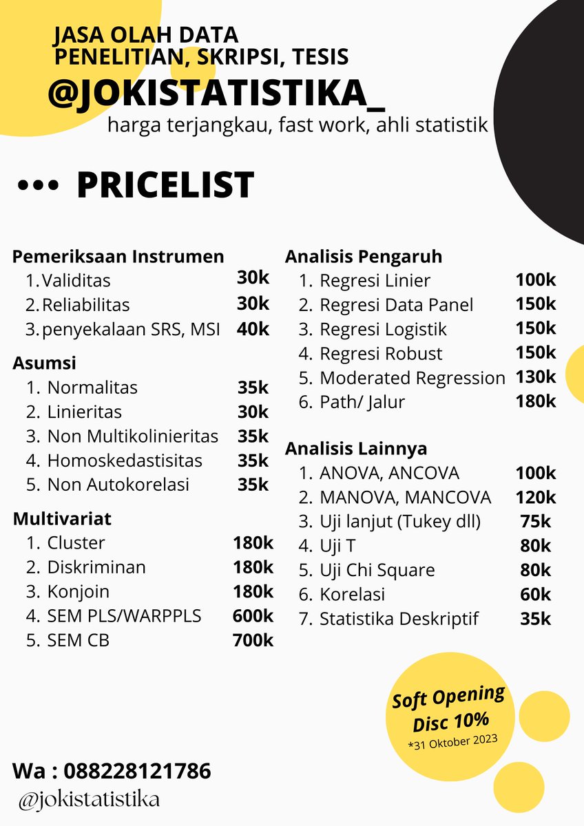 masterdata's tweet photo. HALO GUYS!!
lagi butuh jasa olah data trusted? boleh dicek yuk penawaran kami, mumpung ada diskon 10%
CEK CEK YUK yg lagi skripsiaaaan

#Jokiskripsi #jokitugaskuliah #jasaanalisis #olahdata #spss  #jasatulis #jasaskripsi #Mahasiswa #Statistics https://t.co/UHZQj9XG3T