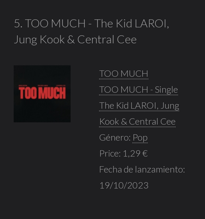 BTS_inSpain2's tweet photo. #TooMuch ocupa el puesto #5 en la lista de iTunes en 🇪🇸
Sigamos 💪
#TOOMUCHisComing
#TooMuchFeatJungkook
#Jungkook_TooMuch
#Jungkook
-🦄 https://t.co/iNbTIHDRj2