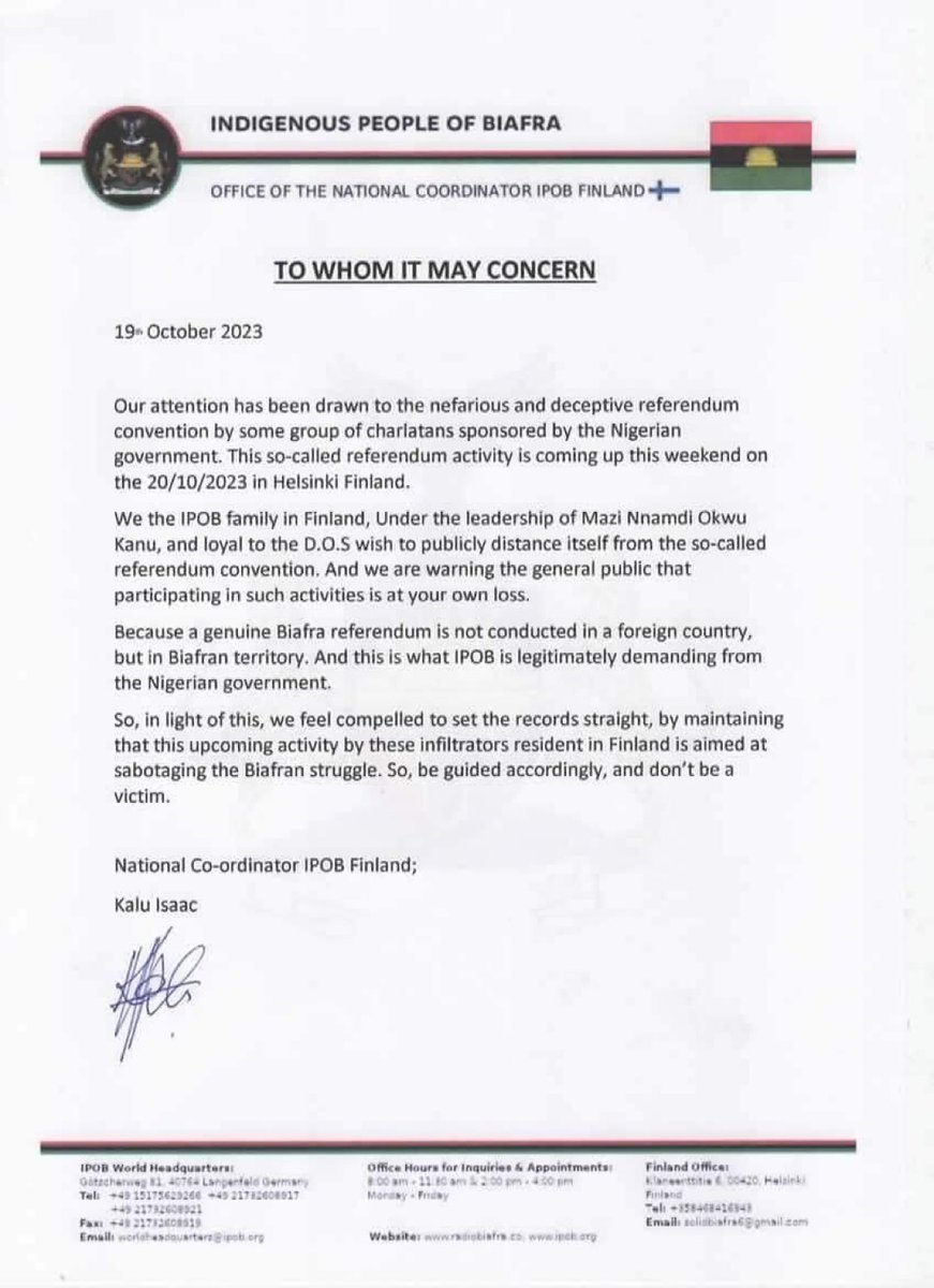NjimeziChidi's tweet photo. IPOB distances self, warn people to  disregard the fraudulent Summit in Finland. https://t.co/17WbVDcGp3