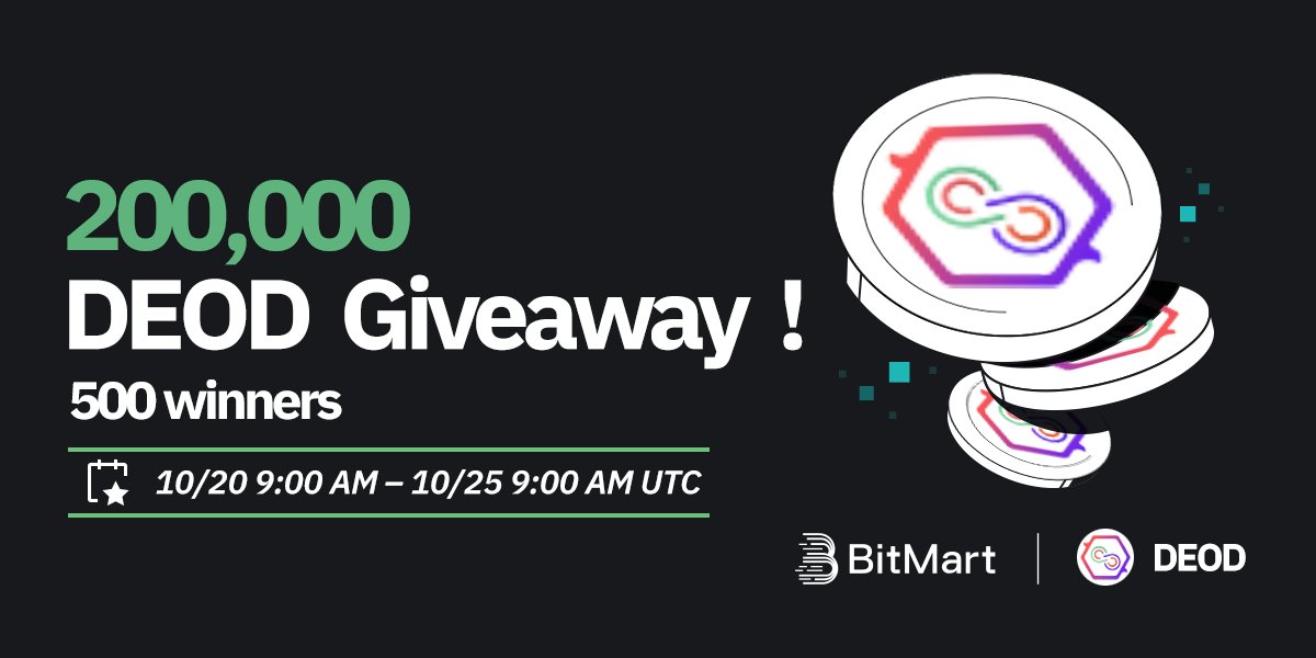 🌟 #BitMart X #DEOD #Airdrop 🌟 1⃣️Follow @BitMartExchange & @BitMartResearch & @decentrawood 2⃣️Join t.me/BitMartExchange & t.me/decentrawood_p… 3⃣️RT & Tag 3 frds & Like 4⃣️Fill out forms.gle/kZfKHdE9xpJYkN… 🎁500 winners / 200,000 $DEOD Register 👉…