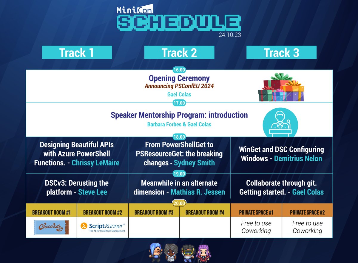 PSConfEU (@psconfeu) on Twitter photo 📅 The final #PowerShell Conference Europe MiniCon Schedule is now complete! 
🏁👉 Here is the line up: <a href="/Ba4bes/">Barbara 4bes</a> <a href="/cl/">Chrissy LeMaire - @cl</a> <a href="/sydneysmithreal/">Sydney Smith</a> <a href="/DenelonMs/">Demitrius Nelon</a>  <a href="/Steve_MSFT/">Steve Lee</a> <a href="/IISResetMe/">Mathias R. Jessen</a> <a href="/gaelcolas/">gael</a>
💬 Talks in breakout rooms at 8pm 
🎟️ Free tickets at psconf.eu
#PSConfEU 📅 The final #PowerShell Conference Europe MiniCon Schedule is now complete! 
🏁👉 Here is the line up: <a href="/Ba4bes/">Barbara 4bes</a> <a href="/cl/">Chrissy LeMaire - @cl</a> <a href="/sydneysmithreal/">Sydney Smith</a> <a href="/DenelonMs/">Demitrius Nelon</a>  <a href="/Steve_MSFT/">Steve Lee</a> <a href="/IISResetMe/">Mathias R. Jessen</a> <a href="/gaelcolas/">gael</a>
💬 Talks in breakout rooms at 8pm 
🎟️ Free tickets at psconf.eu
#PSConfEU
