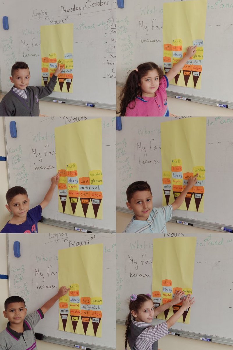 DoaaD17's tweet photo. Learning is more effective when it is an active rather than a passive process. - Author: Kurt LewinGrade 2 learners reviewed noun in an exciting way using ice cream cones. @makdawhaschool @soha_nj @NouraYehia9 https://t.co/Sc2xJYBdj6