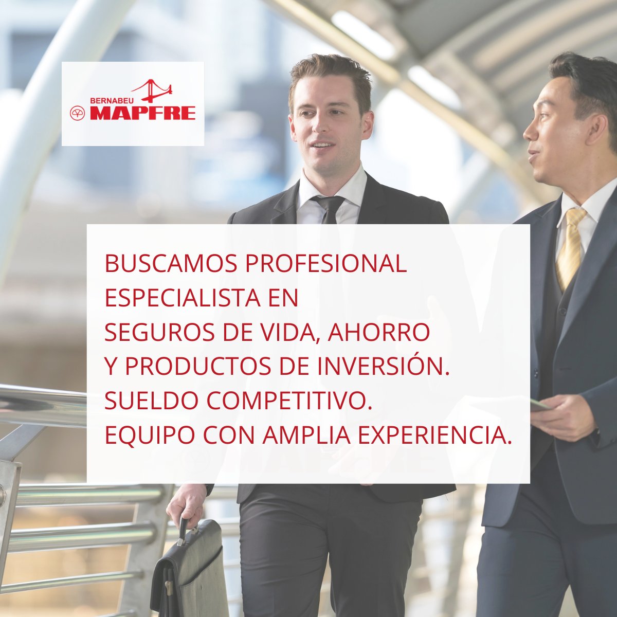 mapfrebernabeu's tweet photo. ¡Estamos contratando! En Mapfre Bernabéu Madrid buscamos profesional especialista en seguros de vida, ahorro y productos de inversión. Sueldo competitivo. Equipo con amplia experiencia. https://t.co/Yb4G4eMnCA
#estamoscontratando #ofertaempleo https://t.co/dSlLTu4ol0