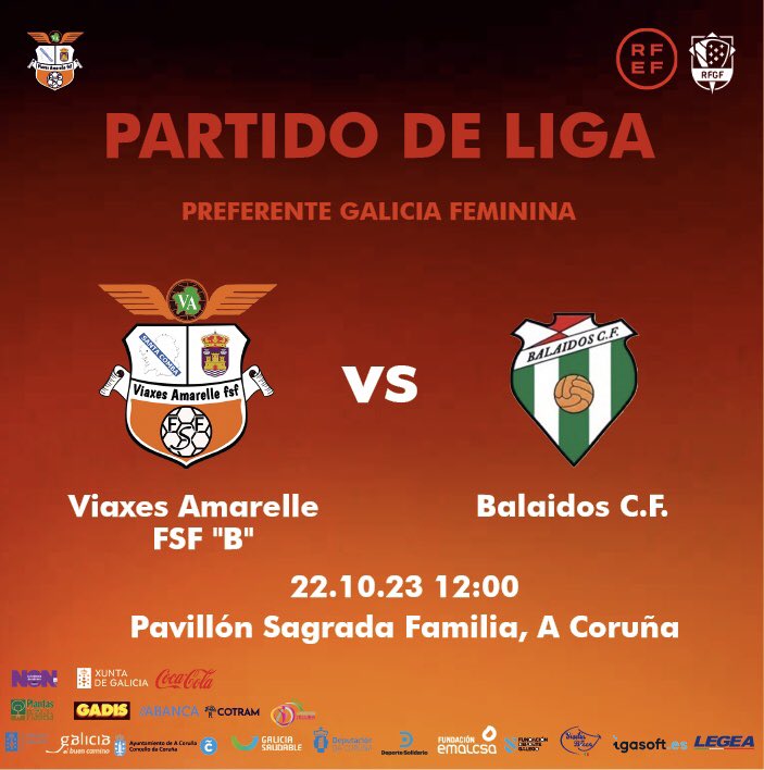 🚨 PARTIDO 🚨 

O domingo temos partido do noso Viaxes Amarelle “B” na casa contra o <a href="/Balai2cf/">Balaidoscf</a> 
A polos 3 puntos! 💪🏼⚽️🧡

🏆 Preferente Galicia Femenina F.S. 
6ª Xornada | 🆚 <a href="/Balai2cf/">Balaidoscf</a> 
🗓️ Domingo 22 de outubro 
🕧 12:00
🏟️ Pavillón Sagrada Familia 
📍A Coruña

#AmarelleFSF