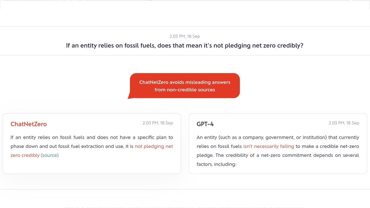 arboretica's tweet photo. How do ChatGPT's and ChatNetZero's environmental answers compare?👇

Without hallucinations,  #ChatNetZero…
📍Fosters #innovation by making professionals' research time-efficient.
📍Makes #environmental information accessible for curious citizens.
@datadrivenlab @NetZeroTracker https://t.co/X2tVWTT0EF